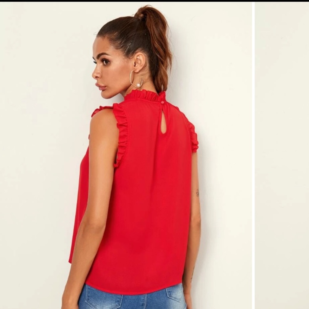 New Ruffle Trim Red Blouse - Picture 2 of 7